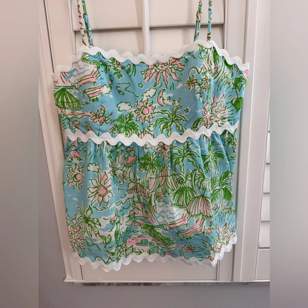 Lilly Pulitzer Blue, NEW Green, Pink Scallop-Trim Top. - Picture 1 of 4